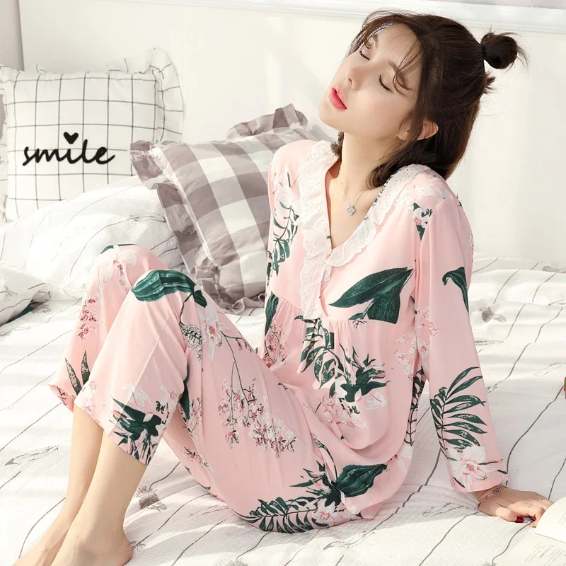 Pajama Sets Women Spring Print V-neck Female Elegant Various Styles Stylish Home Breathable Tender Nightwear All-match Leisure