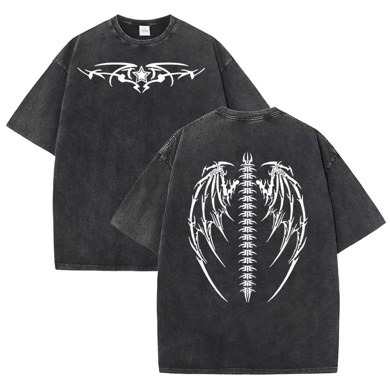 Gothic Tribal Wing Spine Print Vintage Washed Gray Y2K Casual Graphic T Shirt