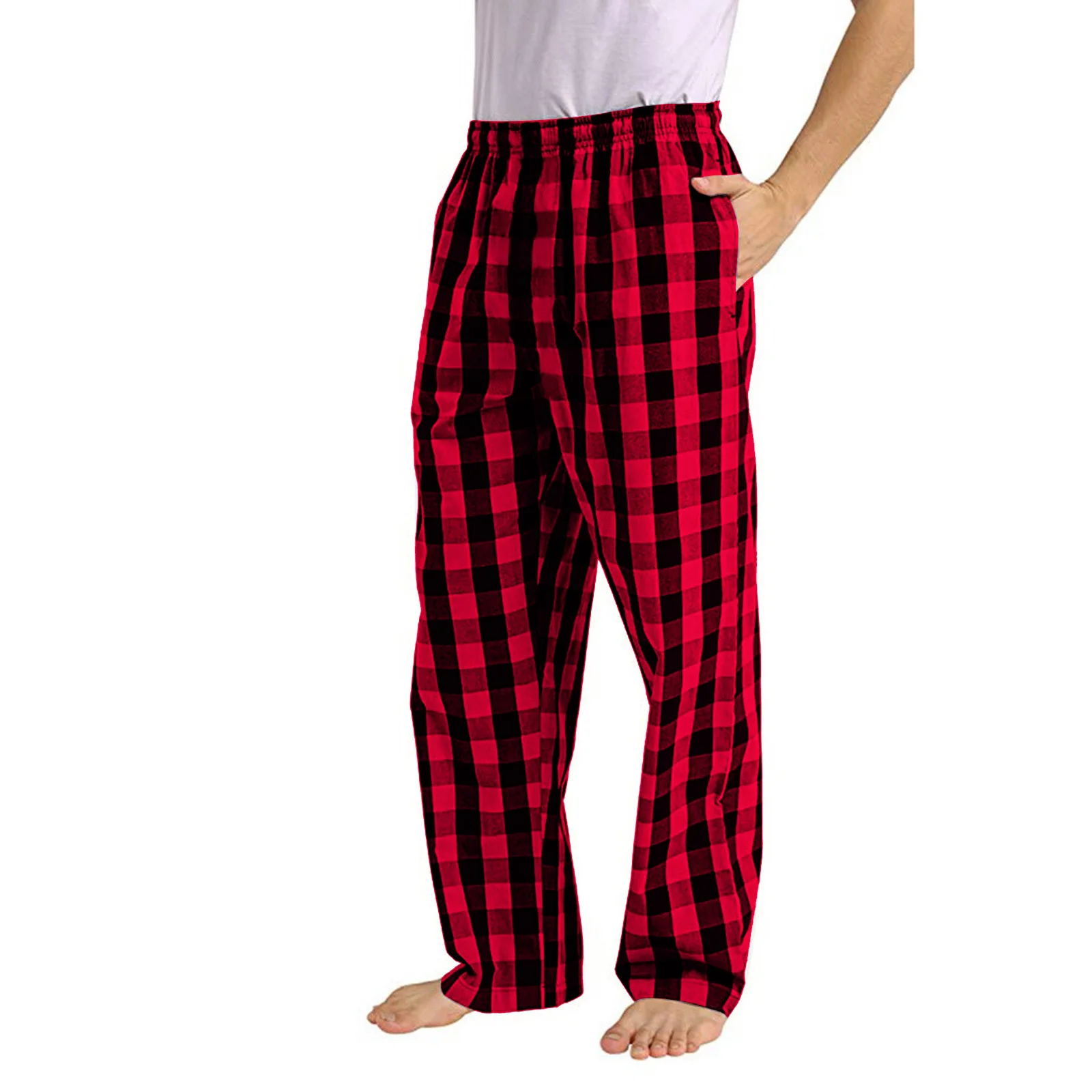 Men's Christmas Plaid Printed Casual Trousers Male Pajama Pants Elastic Waist Straight Leg Bottoms Sleepwear with Pockets