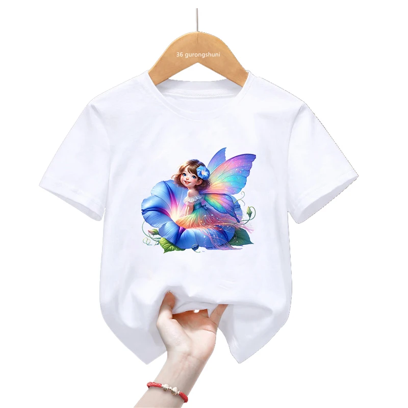 Rainbow Fairy Butterfly Printed Tshirt For Girls Birthday Gift Kawaii Kids Clothes Summer Fashion T-Shirt Harajuku Shirt