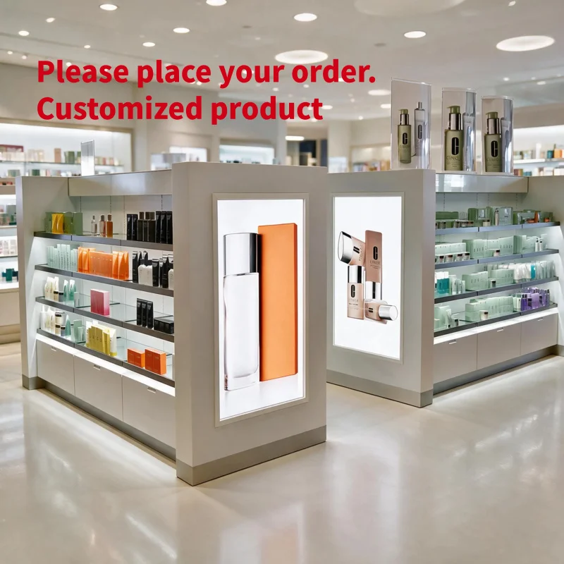 custom.LuxuryFreestanding Retail Endcap Gondola Display Unit Integrated LED Backlit Branding Panel Glass Shelving Storage Cabine