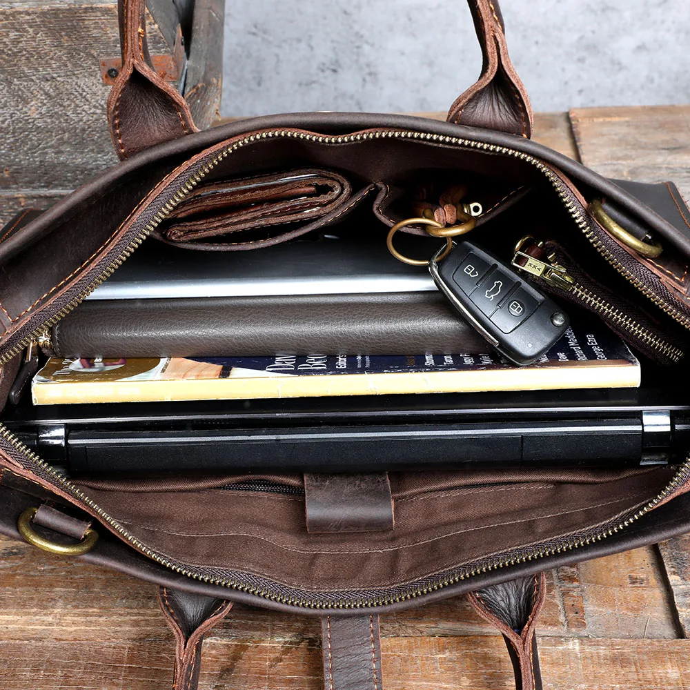 S.WORKER Handgefertigte Vintage-Leder-Aktentasche | Einfache Herren-Business-Handtasche 14" Laptop-Tasche – Detail 27