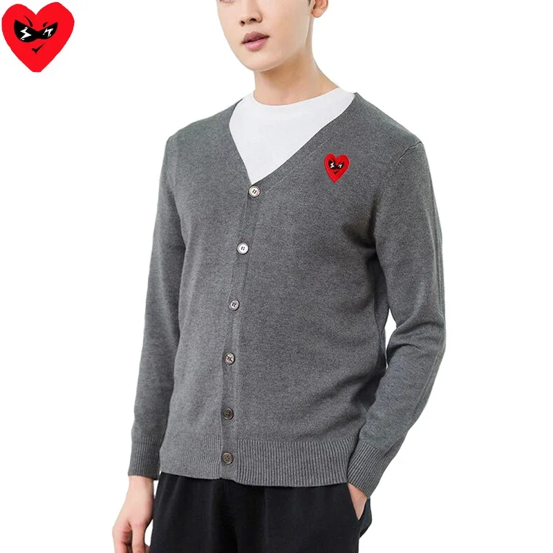 Break Egg Men Cardigan Cotton Red Cute Glasses Heart Embroidery Merry Christmas Print V-Neck Single Breasted Autumn Fit Sweater