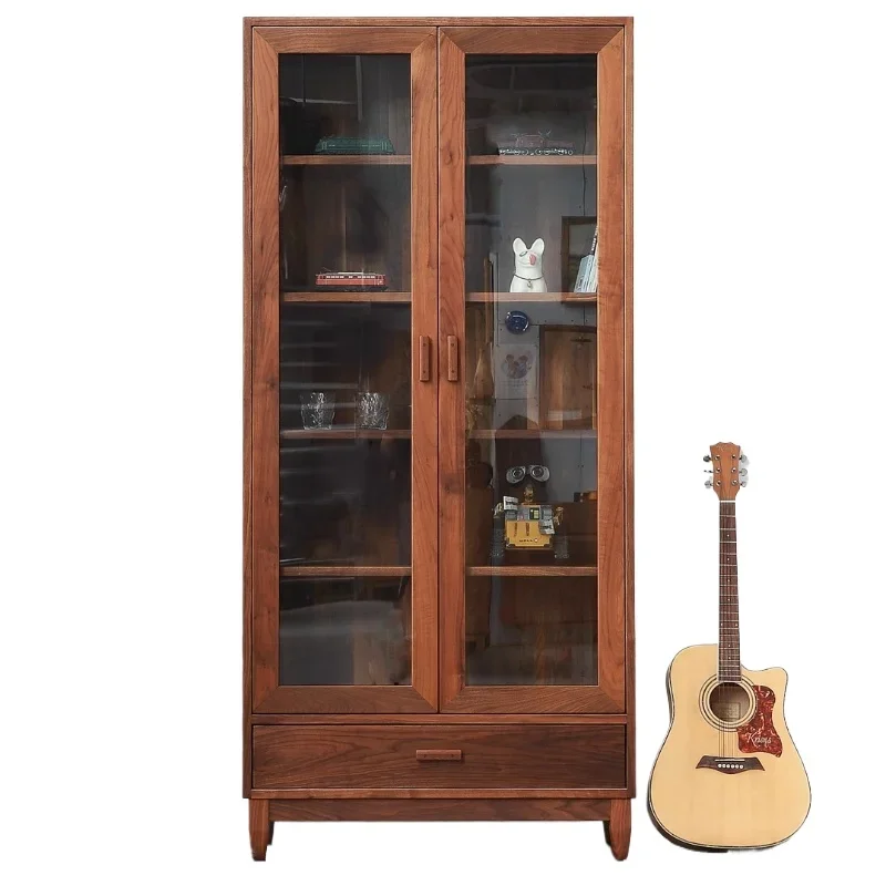 

Solid wood bookcase, black walnut bogu shelf with glass door, oak display for storage