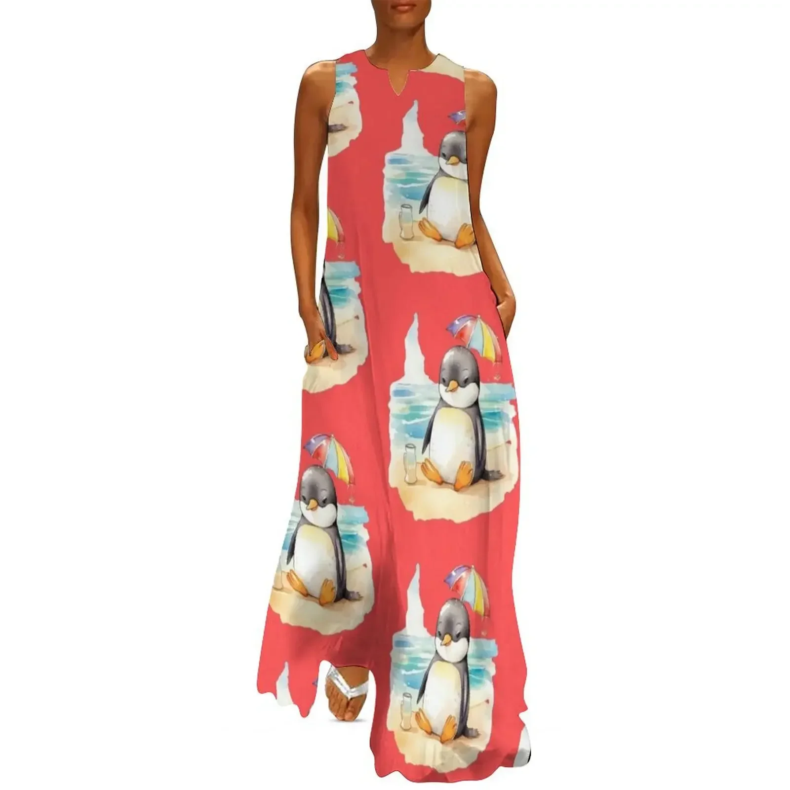 

Penguin on Summer Vacation - World Penguin Day Long Dress dresses korean style Evening gown loose summer dress dress