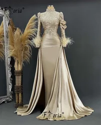 Aso Ebi Women Long Sleeves Beaded Evening Dress Detachable Train 3D Lace Appliques Muslim Dubai Champagne Wedding Party Gowns