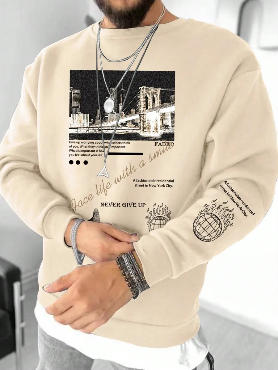 

Men's Graphic Print Pullover Sweatshirt with Cityscape Design, Beige, Long Sleeve, Casual Streetwear
