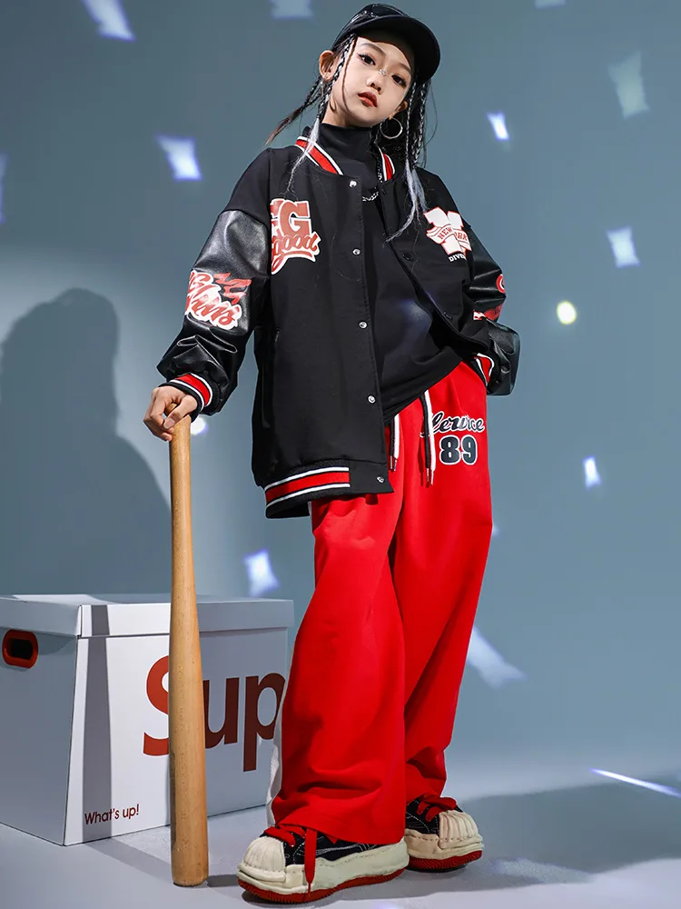 

Kid Cool Hip Hop Clothing Black Baseball Jacket Coat Red Casual Wide Sport Sweat Pants for Girls Boys Jazz Dance Costume Clothes