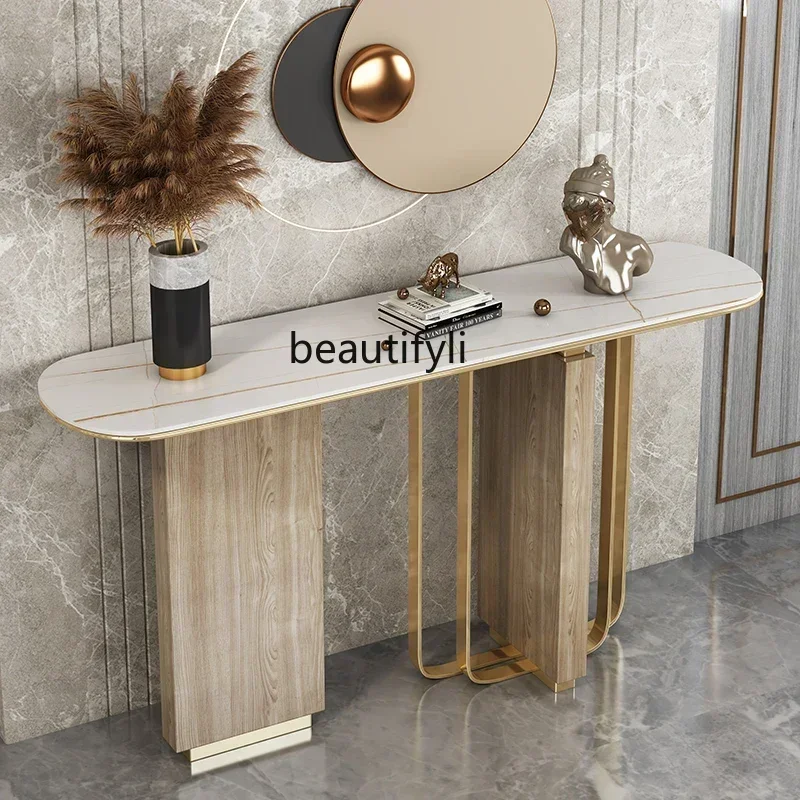 TTT Light luxury rock slab entrance table against the wall, living room entry decoration  stainless steel entrance table, mode