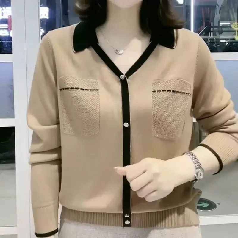 

Вязаный пуловер контрастного цвета с лацканами 202, женский весенне-осенний новый пуловер с воротником-поло и пуговицами, модный топ с длинными рукавами