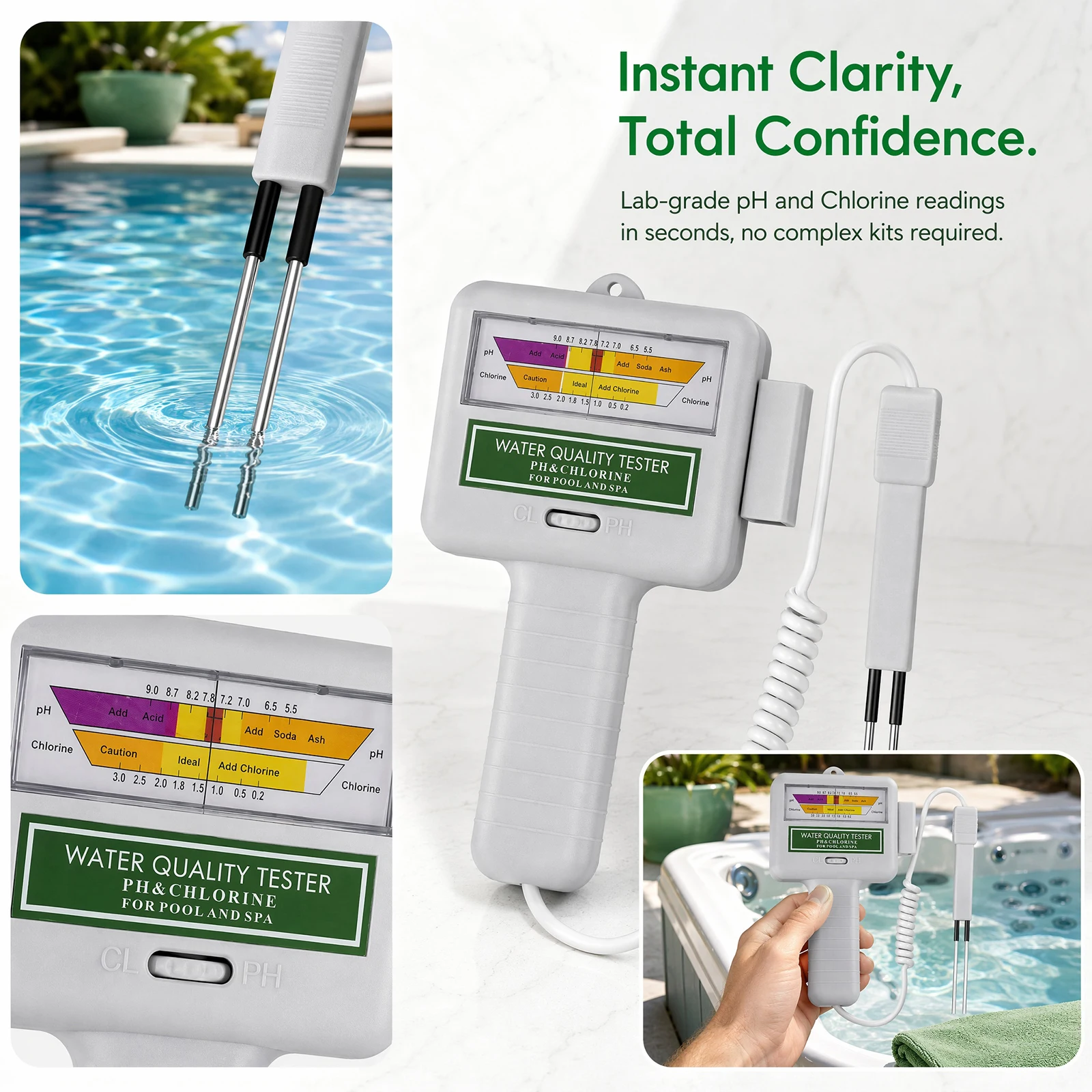 2-in-1 Water Monitor PH Chlorine Meter High Precision Easy To Use Spa Swimming Pools Checker Water Quality Testing Device