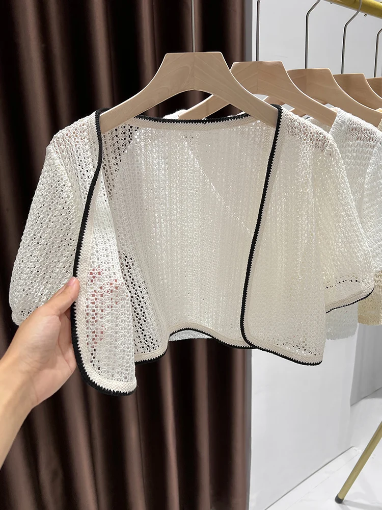 Ice Silk Knitted Open Cardigan Hollow out Bubble Sleeve Summer Outerwear Women's Strap Vest Short Sleeve Shawl Thin Ladies Ja...