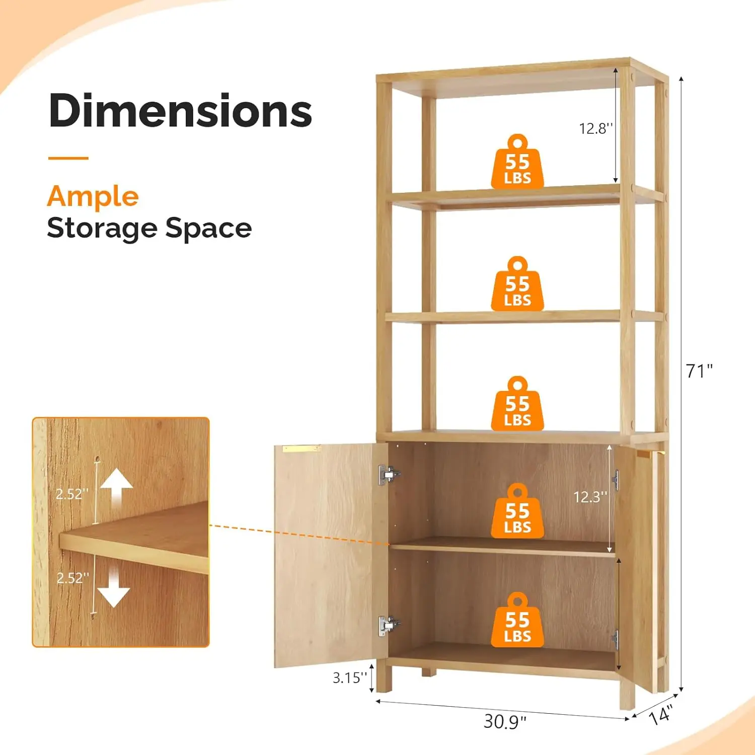 71 Inch 6-Tier Wood Bookcase Fluted Door Storage Cabinet Adjustable Shelves Display Bookshelf Living Room Organizer