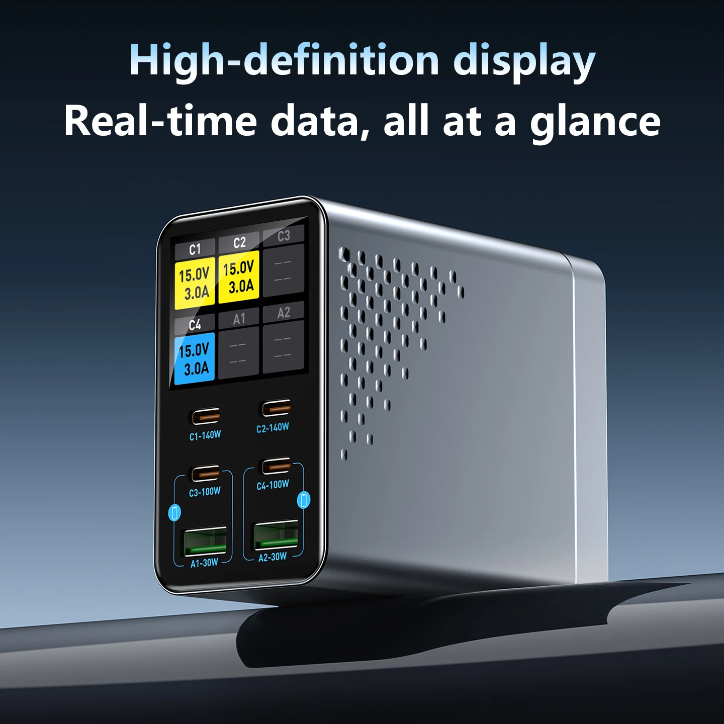 140W 6-Port GaN USB C Charging Station with LCD Smart Display Desktop Fast Charger for Multiple Devices