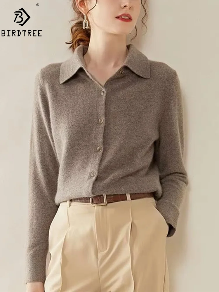 

BirdTree,Women Polo Neck Solid,35% Cashmere 65%Wool Elegant Shirt,Casual Fashion OL Knit Blouses,2024 Autumn Winter T47901QM