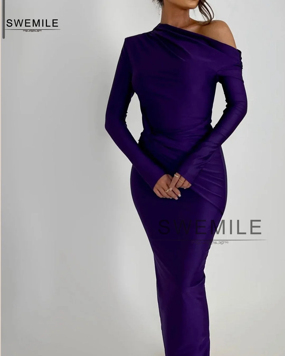 Wedding Party Dress One-Shoulder Long Sleeves Purple Formal Occasion Dresses Floor-Length Women\'S Evening Dresses Birthday