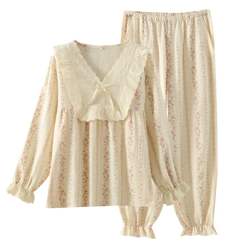 Pyjama en pansement de coton à manches longues pour femmes, vêtements de nuit à imprimé fleuri, vêtements de détente décontractés à col en V, printemps, automne