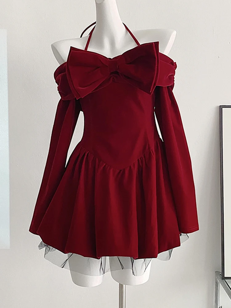 

Korean Fashion Women Wine Red Hanging Neck Long Sleeved Velvet Dress Autumn Winter New Sexy Women's Street Wear Y2K Mini Skirt