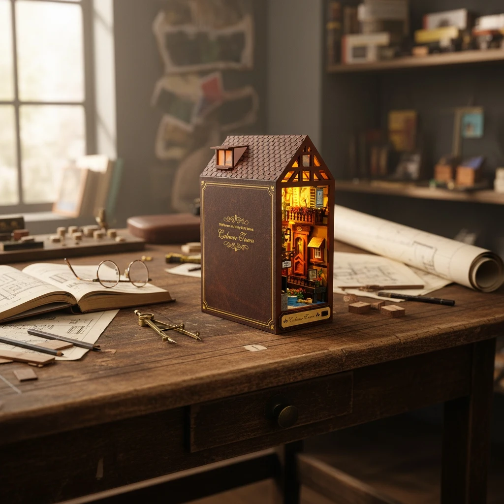 ชุดทำเอง 2-in-1 บ้านตุ๊กตาและมุมอ่านหนังสือไม้ OUZEY - ชุดประกอบโมเดลพร้อมไฟ LED ของตกแต่งบ้าน ของขวัญประกอบเอง