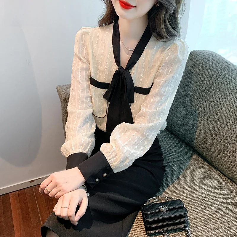 

Модная женская блузка с длинным рукавом, весна-осень, шифоновый топ с узлом, V-образный вырез, стандартная длина, однотонная.