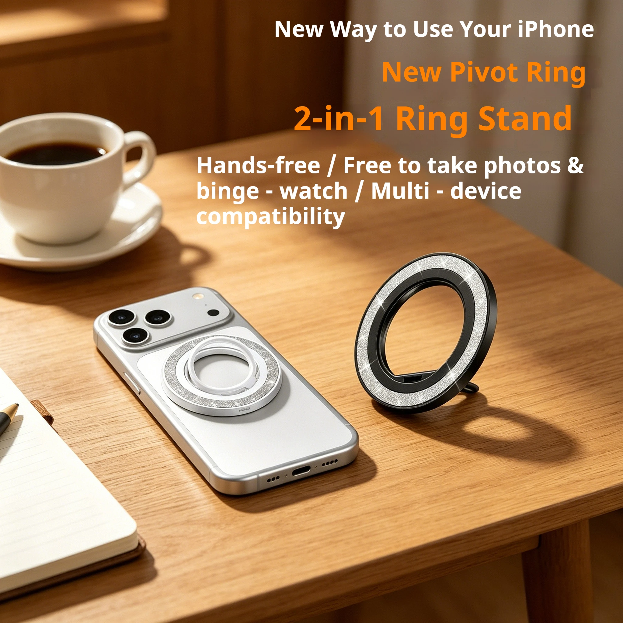 

Bling Magnetic Phone Ring Stand 2-in-1，New Pivot Ring, New Way to Use Your Phone