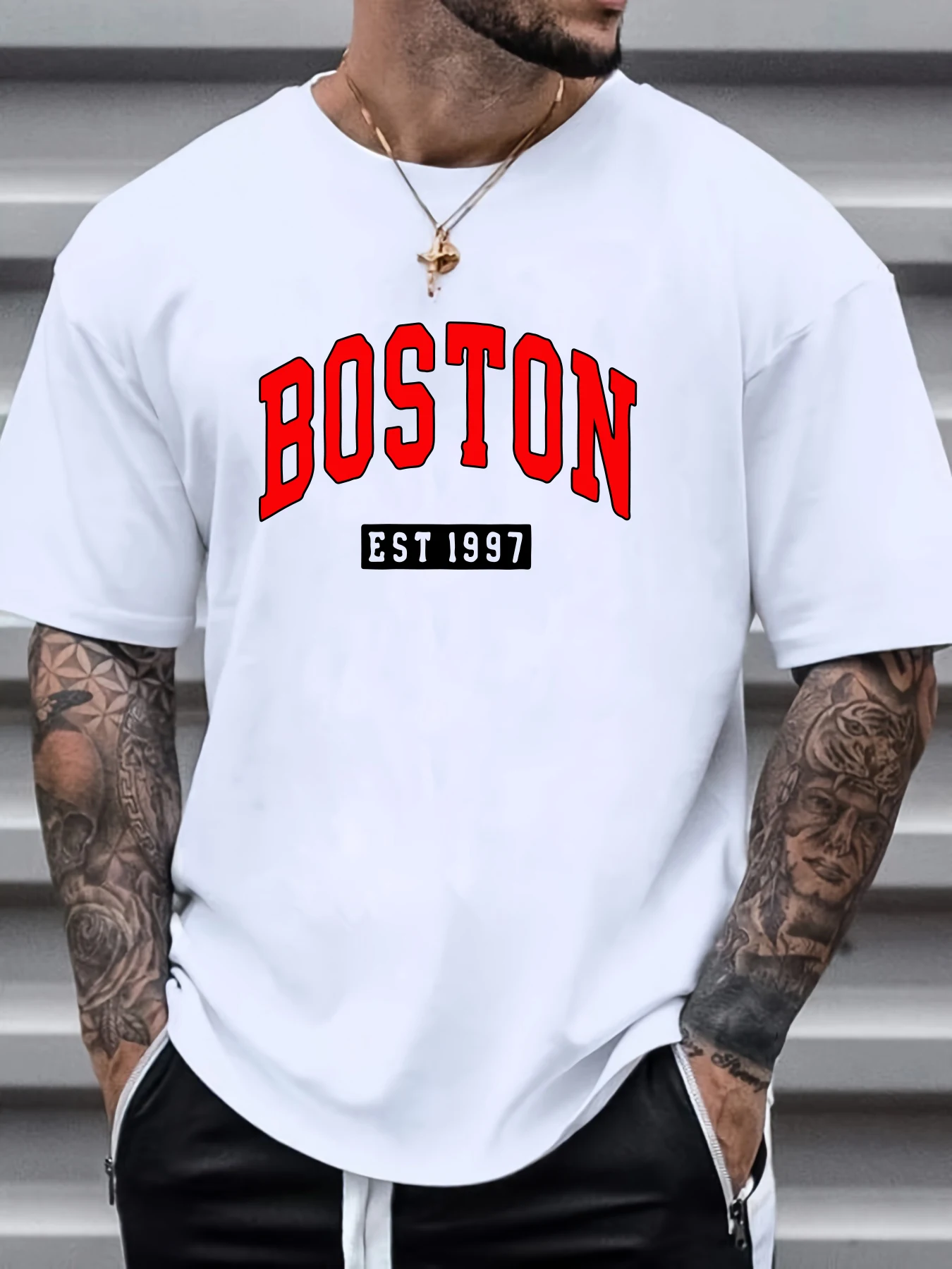 Men's Summer Loose Size 100% Cotton Boston Print Slim Fit Casual Round Neck Short Sleeve T-shirt Top