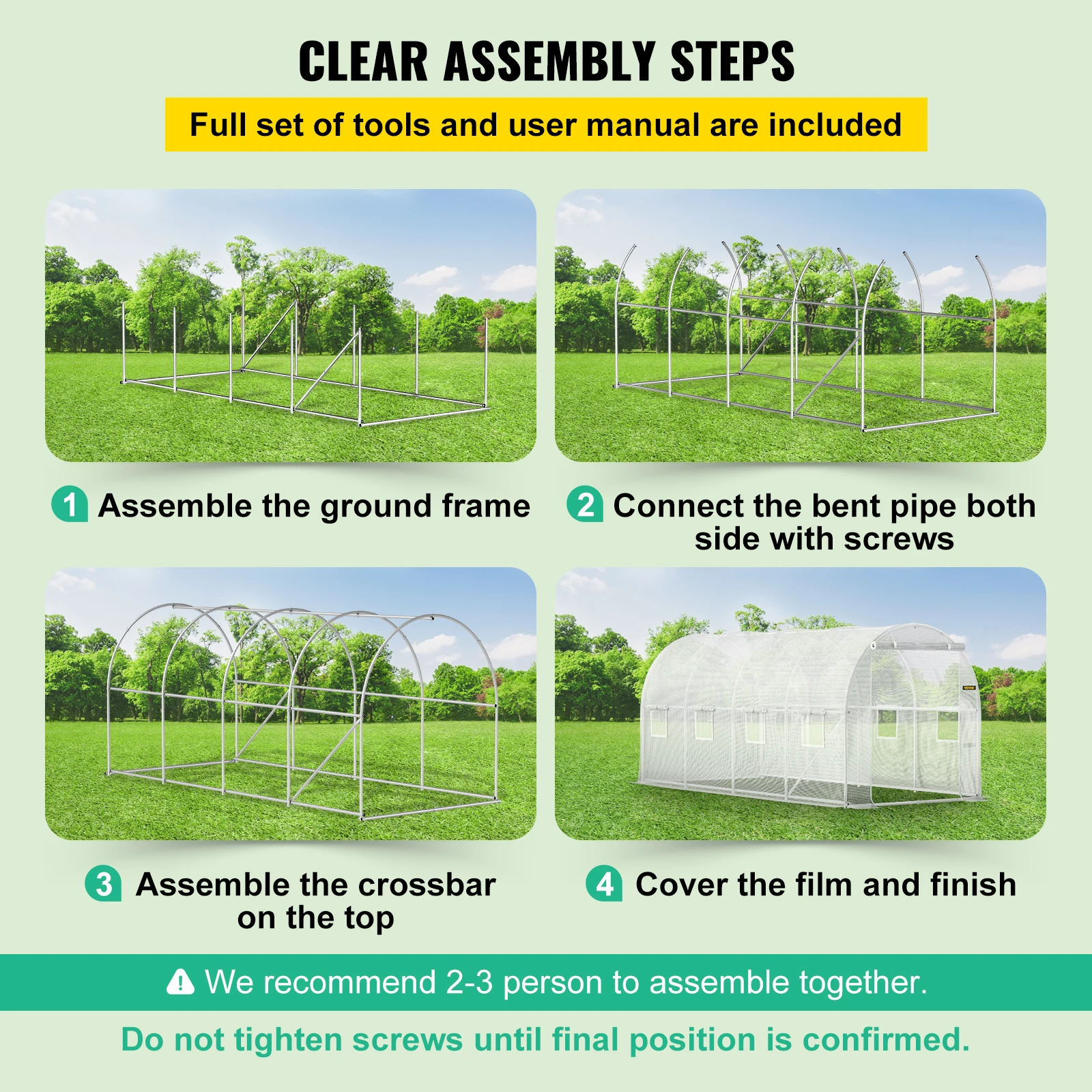 VEVOR Walk-in Tunnel Greenhouse Galvanized Frame & White Waterproof Cover 15x7x7/20x10x7 ft Greenhouses & Cold Frames