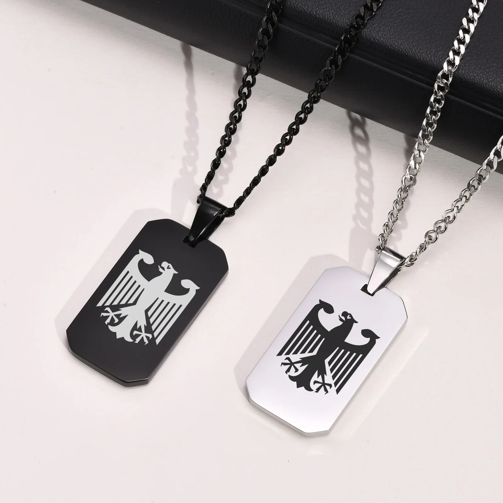 German Eagle Square Neckalces for Men, Stainless Steel Big/Small Dog Tag Pendant Necklace,Trendy Germany Jewelry Gift