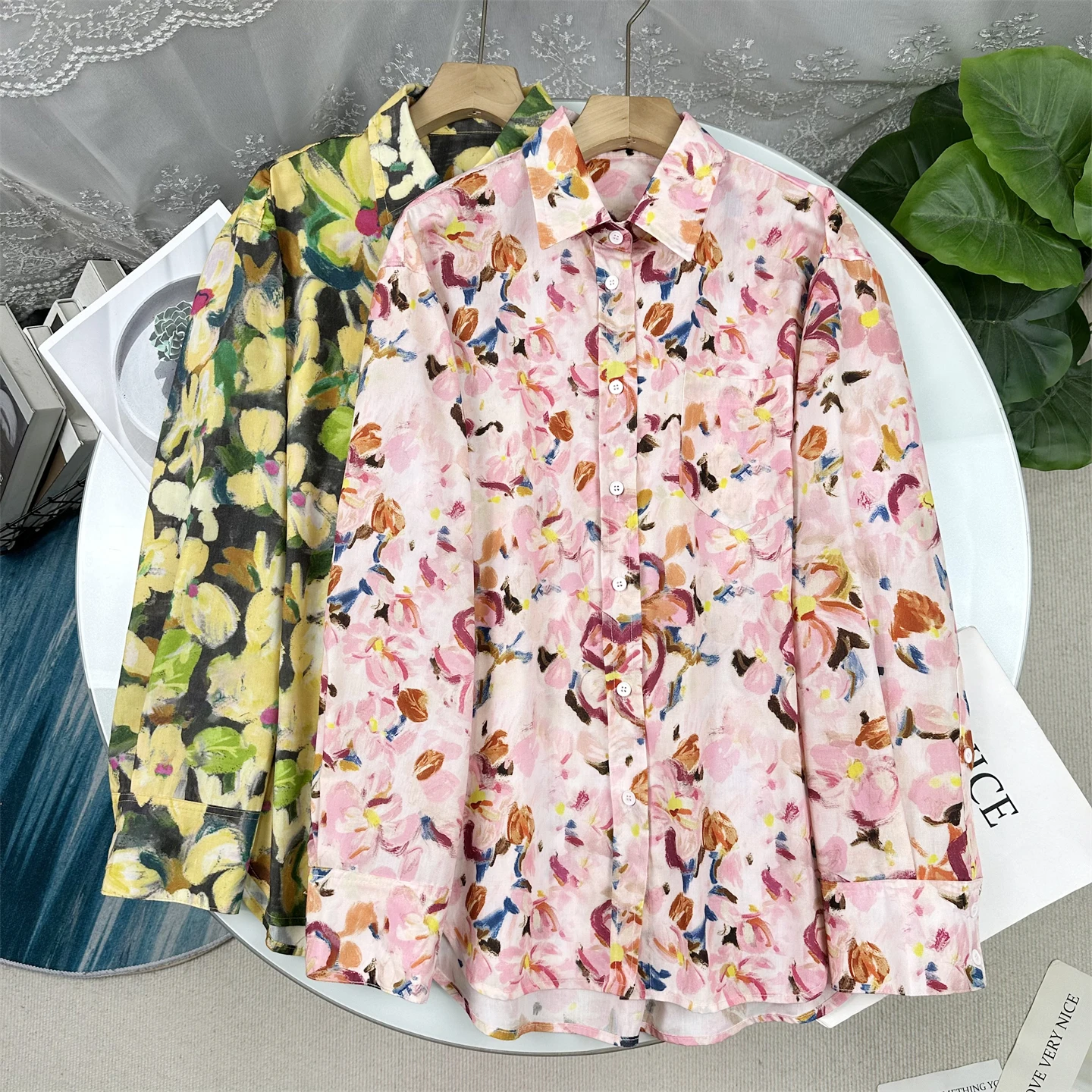 

Wood Giant 990 Spring 2026 New Loose Fit Long Sleeve Printed Blouse Women's Fashion Commute Style Polyester Fabric Floral Pat...