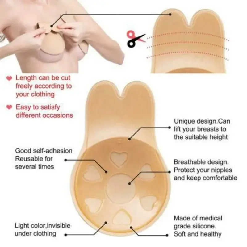 Women Push Up Bras Self Adhesive Silicone Strapless Invisible Bra Reusable Sticky Breast Lift Tape Rabbit Nipple Cover Bra Pads