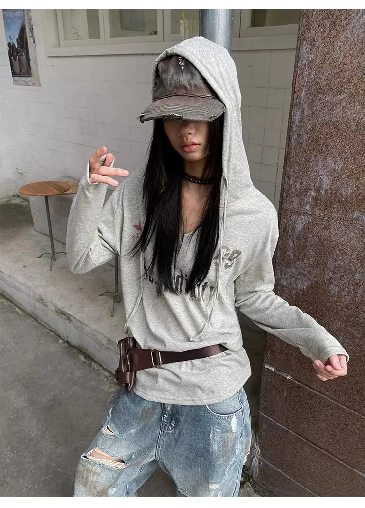Damen Y2K Vintage Kapuzen-Langarm-T-Shirt mit V-Ausschnitt, Buchstaben- und Sternen-Print, lockerer Hoodie mit Kordelzug, Streetwear-Tops – Detail 4