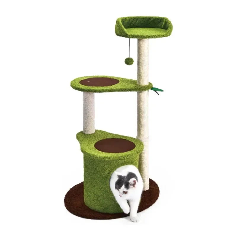 Luxury multi-story wooden cat tree house, sisal scratching tower, cat climbing chair, indoor cat game lounge area