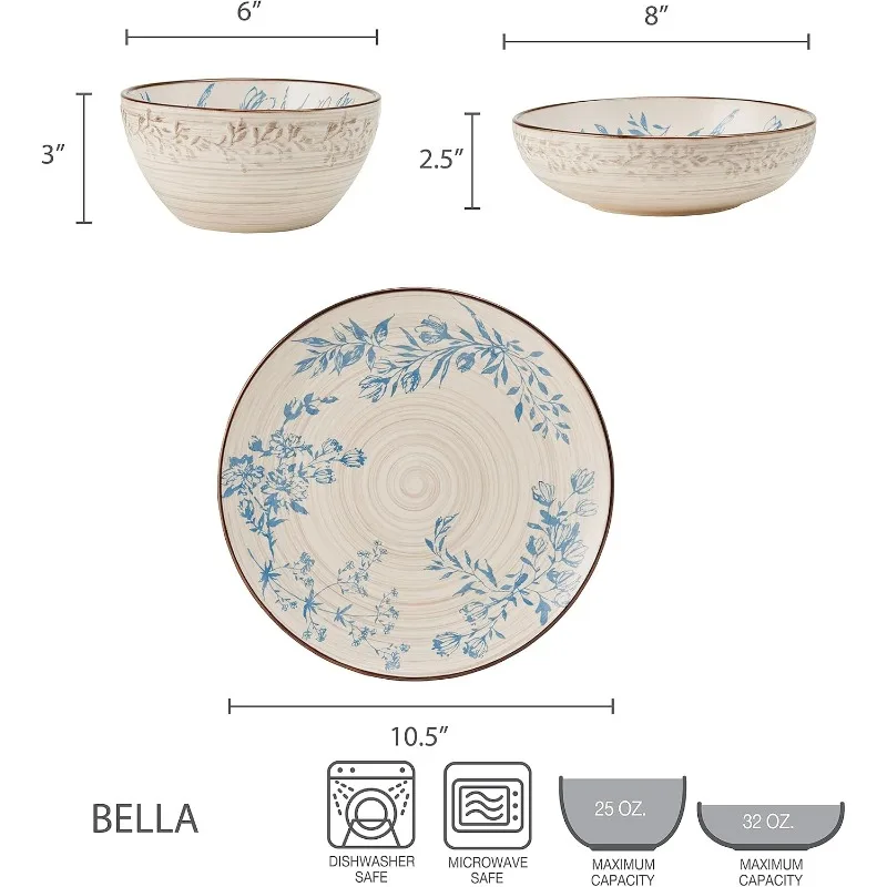 Bella 12 Piece Dinnerware Set, Service For 4, Multicolor