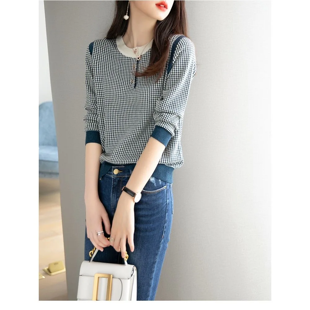 Autumn Winter New Vintage Houndstooth Print Simple Sweater Lady Elegant Fashion Korean Style Pullover All-match Casual Top Women