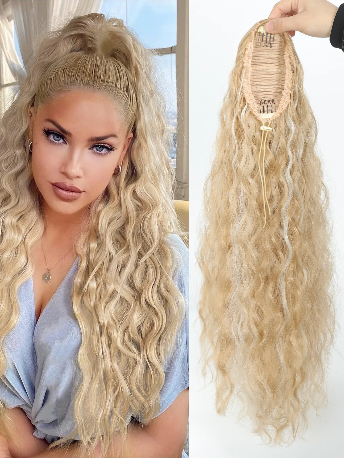 Coleta larga y rizada con cordón para mujer, extensiones de cabello con Clip para Cosplay diario