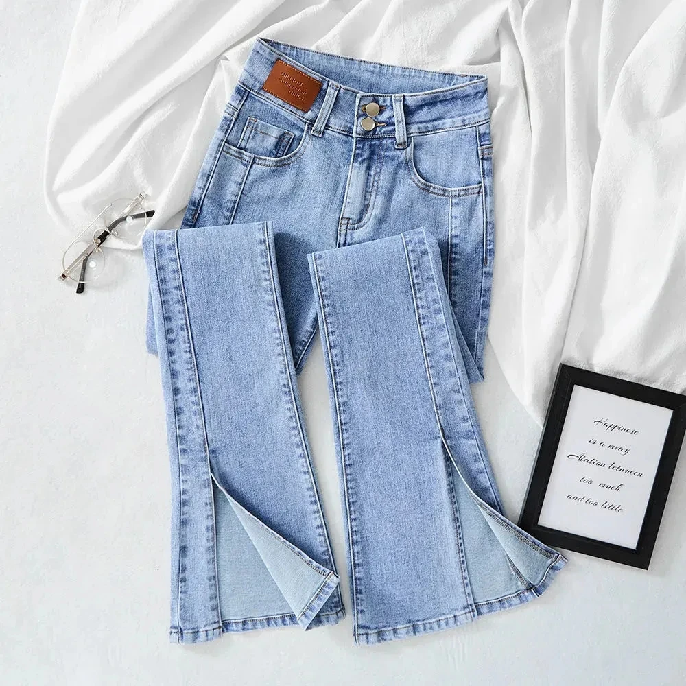 Womens Wide-Legged Stretch Jeans All-match Self-cultivation Trousers Large Size High Waist Slit Mopping Pants Summer Fashion