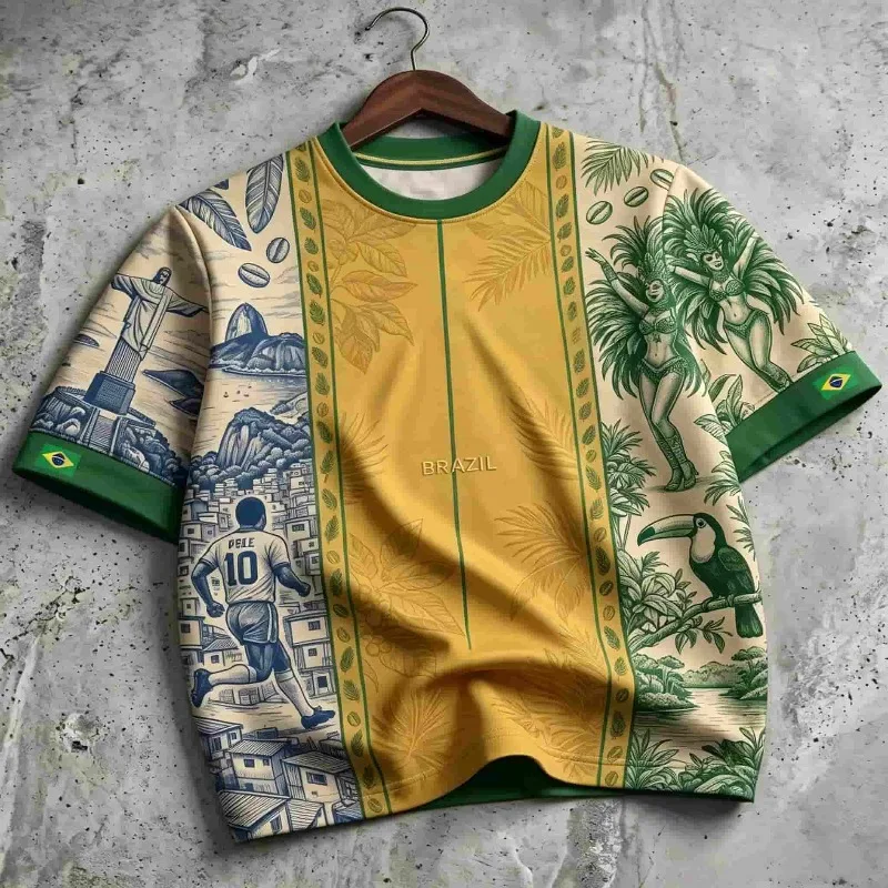 2026 New Brazilian Football King Pelé No. 10 Jersey, Christ The Redeemer Samba Dancer Casual Top, Unisex T-shirt Family Matching