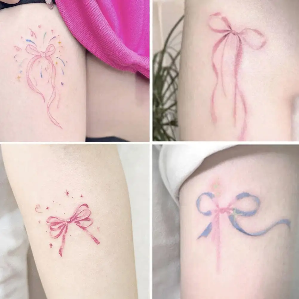 NEW High-end Pink Bowknot Temporary Tattoo Arm Art Lasting Fake Tattoo For Woman New Design Water Transfer Waterproof Fake T2H8