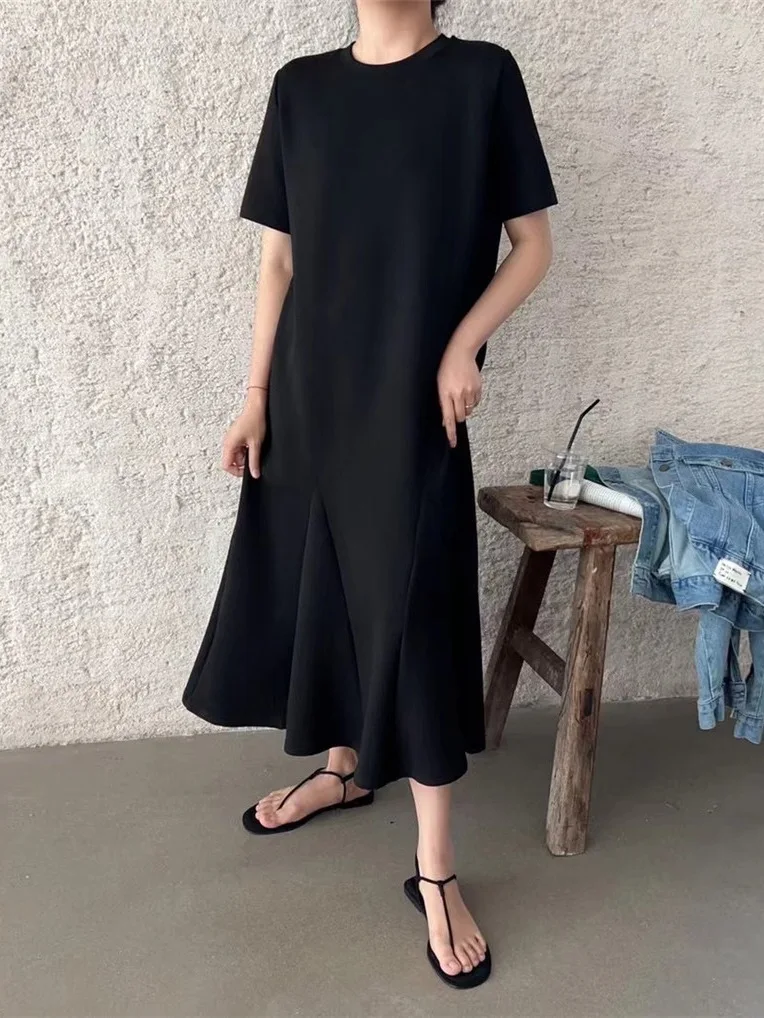 T-shirt ample Dr femmes coréennes Sle sur le genou été nouvelle grande taille décontracté Fi Tail ort Sve Dr jupe trapèze