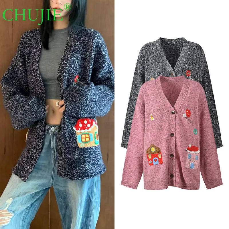 CHUJIE 025 الخريف جديد الأزهار الغزل الكروشيه منزل طويل الأكمام الخامس الرقبة فضفاضة تنوعا محبوك سترة سترة