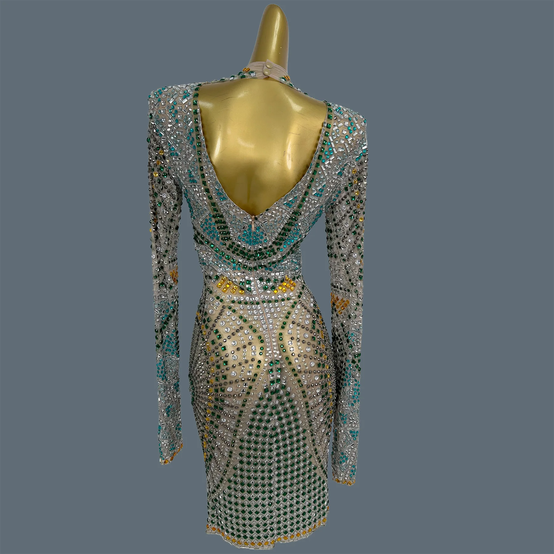 

Luxury Multicolor Sparkly Rhinestone Mini Dress Women See Through Mesh Long Sleeve Gala Evening Sexy Dress Fashion Outfit Lvcao