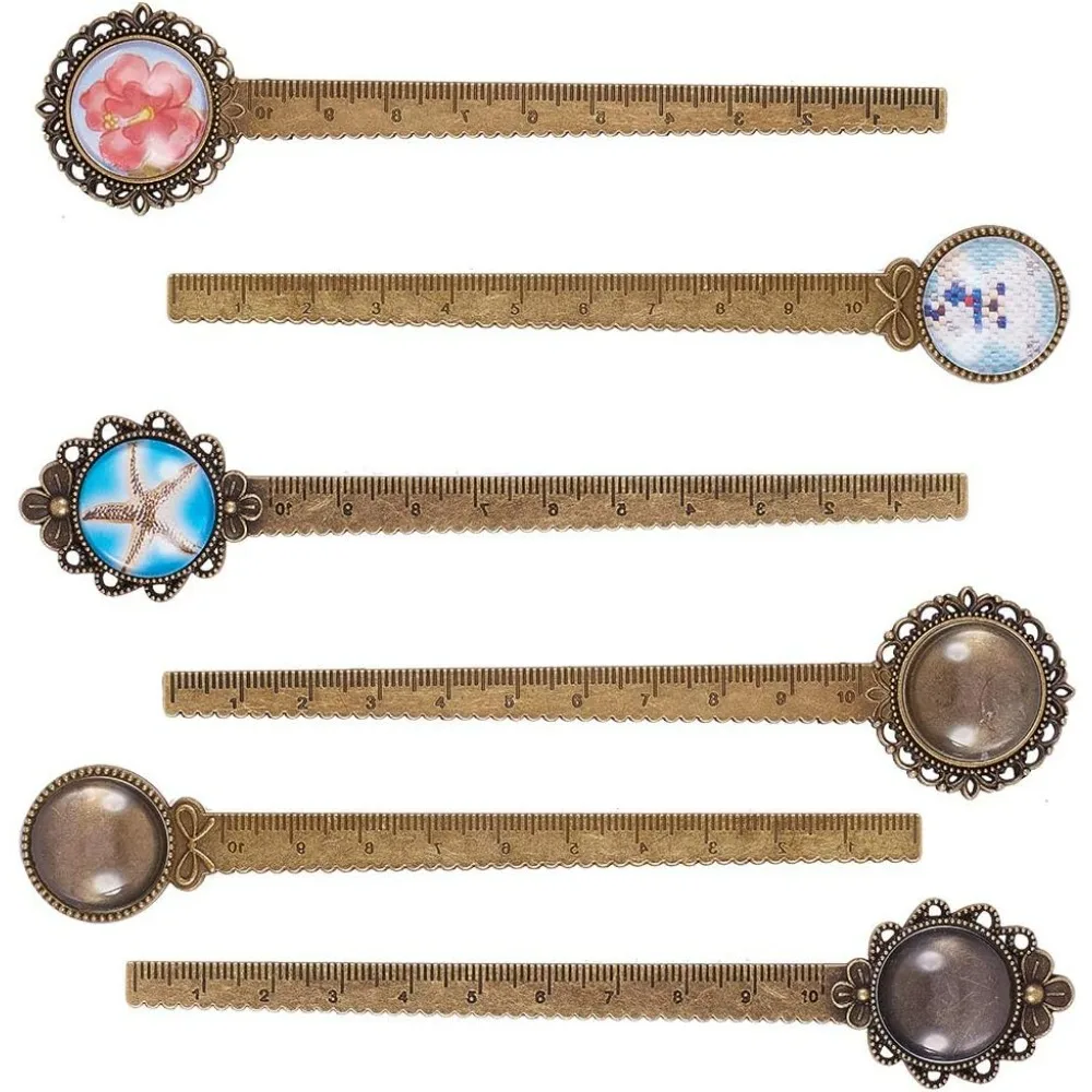 12PCS DIY 6 Sets Ruler Bookmark Pendant Tray Kit Round Bookmark Cabochon Setting Blanks with Clear Domed Glass Cabochon