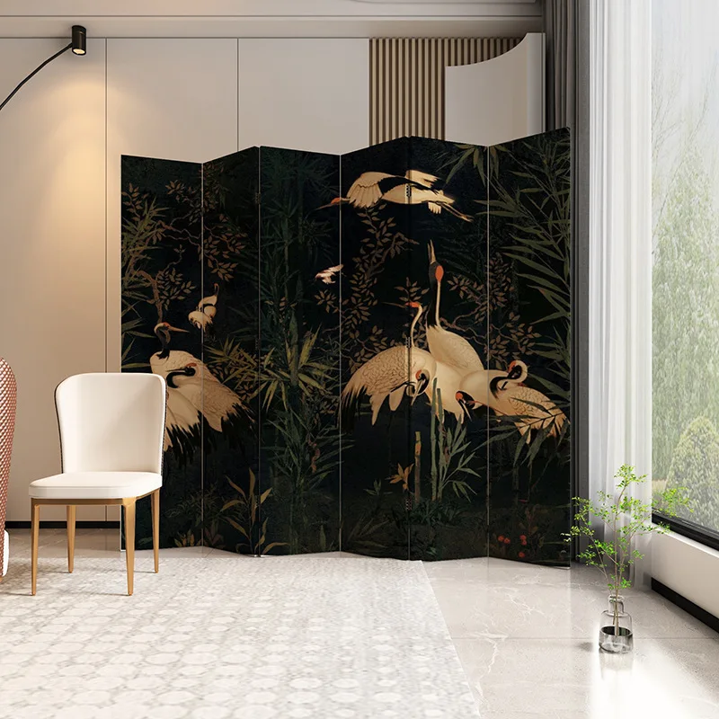 French vintage crane screen partition living room entrance sofa background movable Chinese style foldable Chinese folding screen