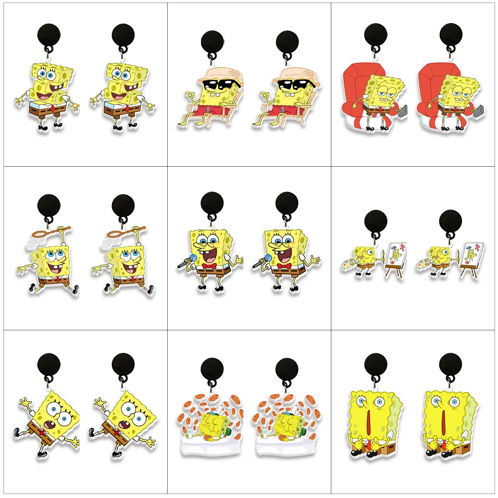 

Hot Sale Anime Acrylic Hook Earrings Spongebob Printed Tape Black Drop Earrings Handmade Jewelry Epoxy Resin Cartoon Earring