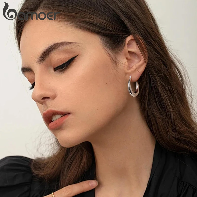 BAMOER White Gold Plated Hoop Earrings Chunky Earring with 925 Sterling Silver Ear Buckles Punk Women Hypoallergenic Ear Jewelry