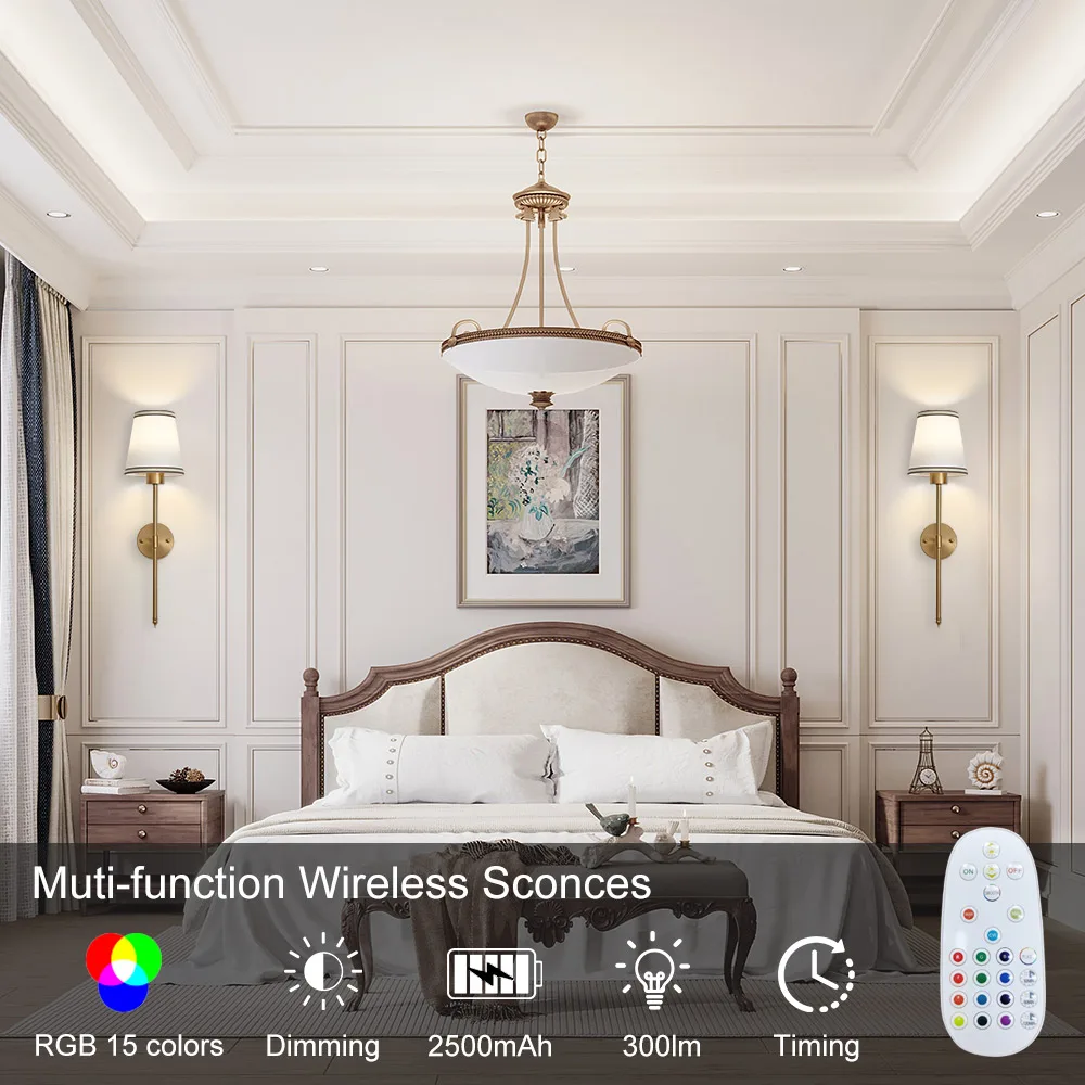 Aplique de pared con pilas, juego de 2, luces de pared recargables doradas con bombillas desmontables regulables de 2500 mAh y control remoto