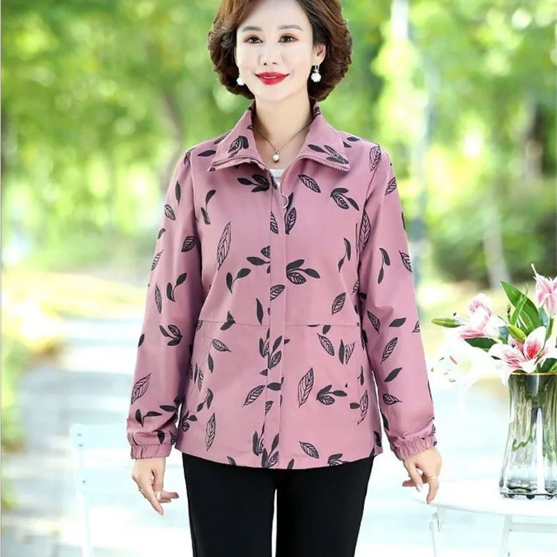 2024 New Spring Autumn Jacket Middle-Aged Elderly Women's Coat Tops Loose Leisure Printing Outerwear Work Clothes Female 5XL