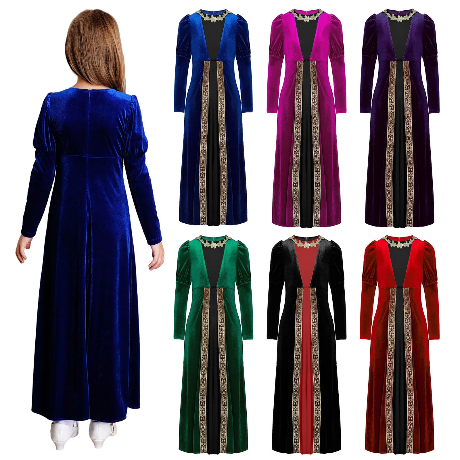 Meninas medieval renascentista vestido de veludo manga longa retro vestidos de princesa antigo vestido romano halloween vampiro cosplay traje