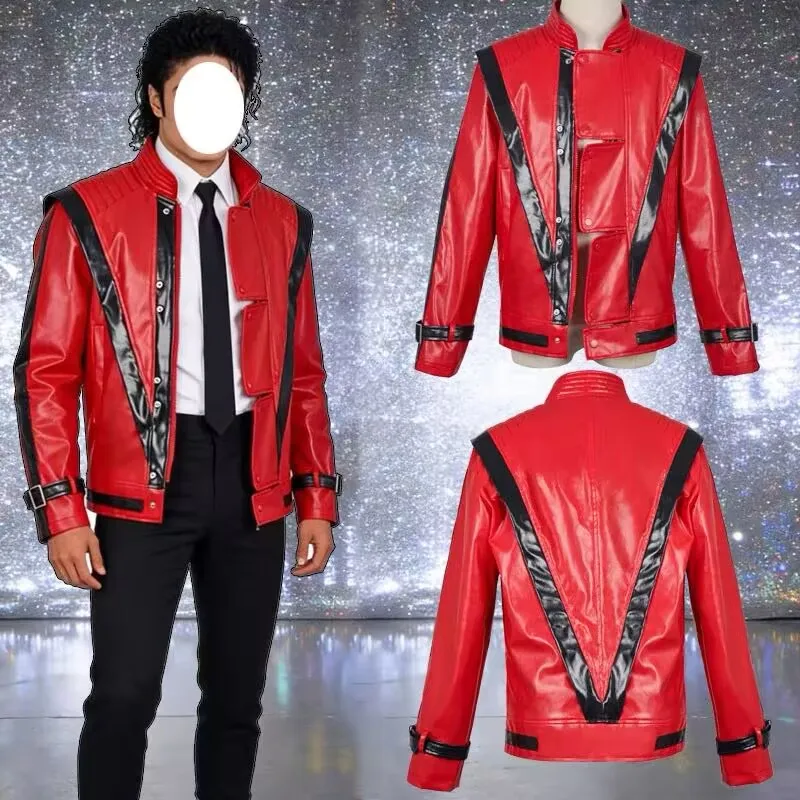Men's Cosplay Jacket For Michael Jackson Impersonator Halloween Party Male Top Coat Costumes Red Leather Jacket for Thriller Cos