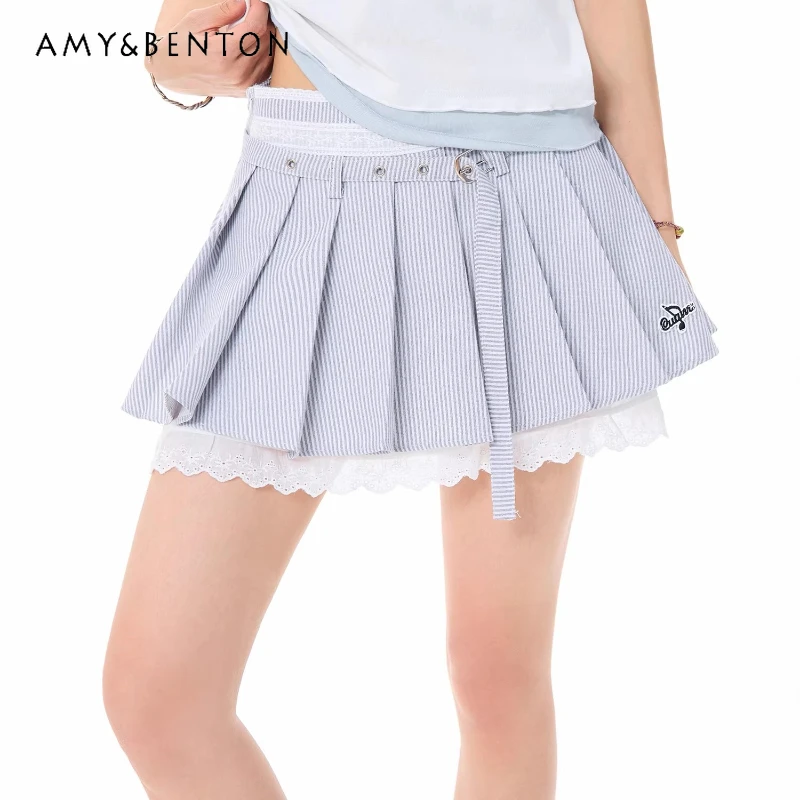 

2026 Summer New Lace Splicing Striped Women's A-Line Skirt Korean Girl Design Sweet Cool Versatile Pleated Short Skirts Ladies